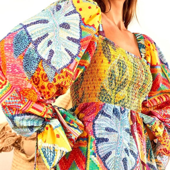 Farm Rio Summer Tapestry Smocked Minidress Artsy Tropical Cottagecore Dopamine - Picture 6 of 13